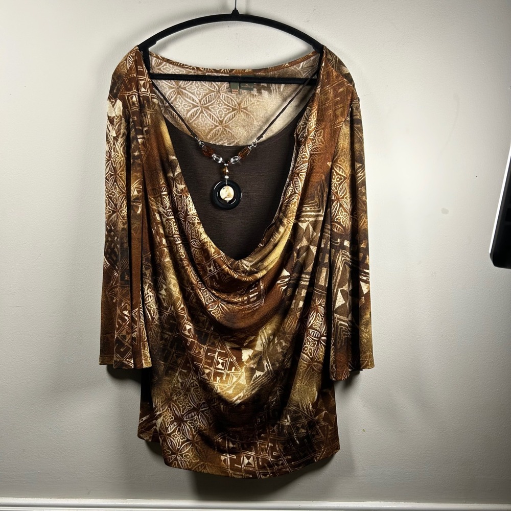 Serenade Blouse Womens XL Brown Y2K Layered Cowl Neck 3/4 Sleeve Necklace Top